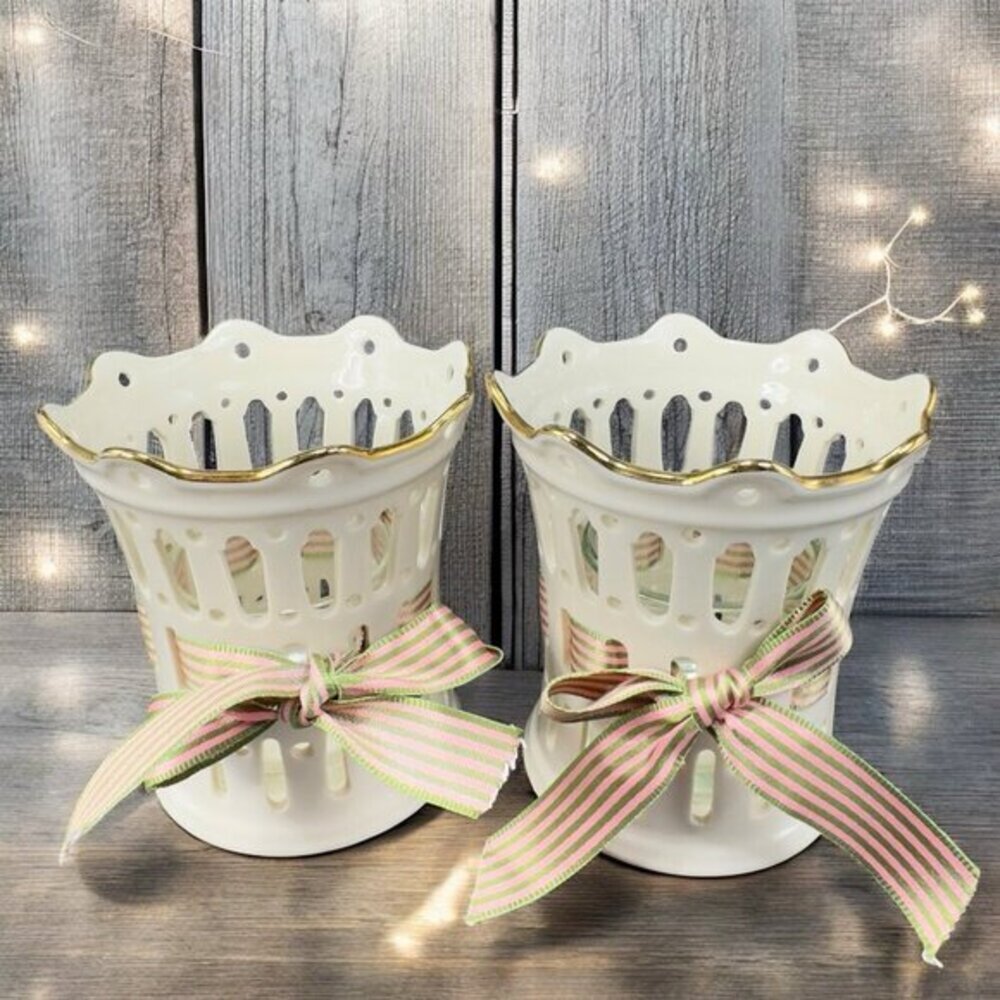 Lenox Great Giftables Pierced Porcelain Votive With Ribbon And Gold Trim Set 2
